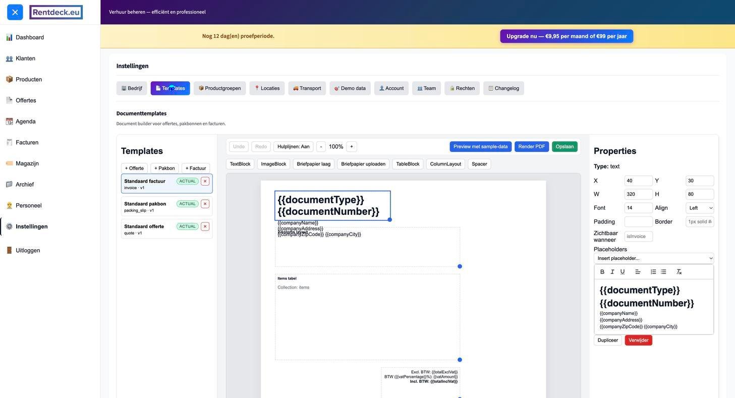 Instellingen Templates